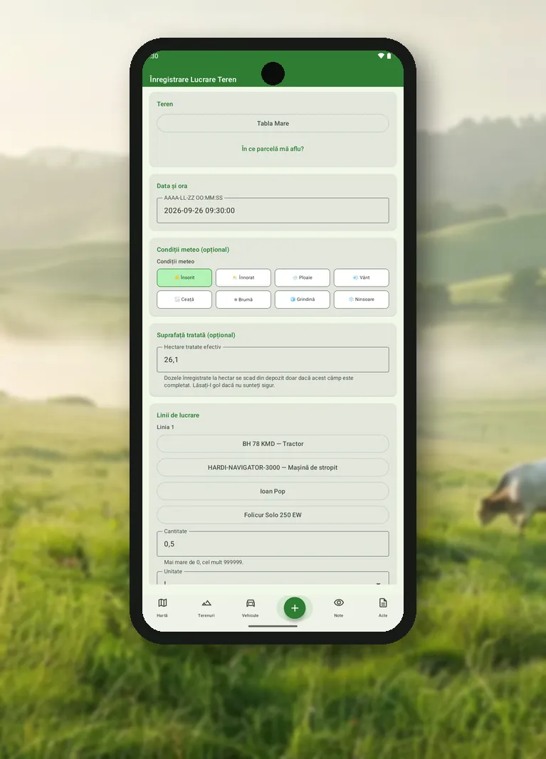 Screenshot of the Digital Field Book Android app on a smartphone, showing the field data entry form for logging farm work, in front of a field