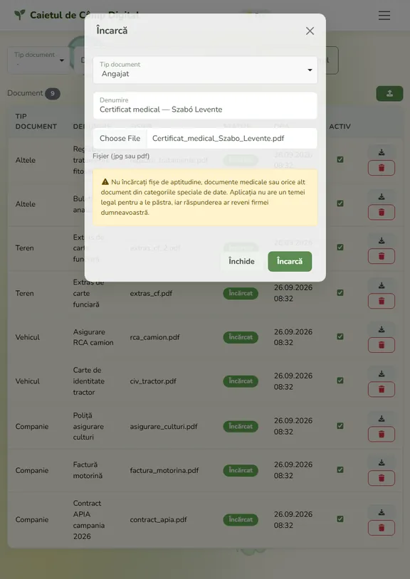 Screenshot of the document upload dialog in the Digital Field Book web app, showing the GDPR notice for an employee's medical certificate