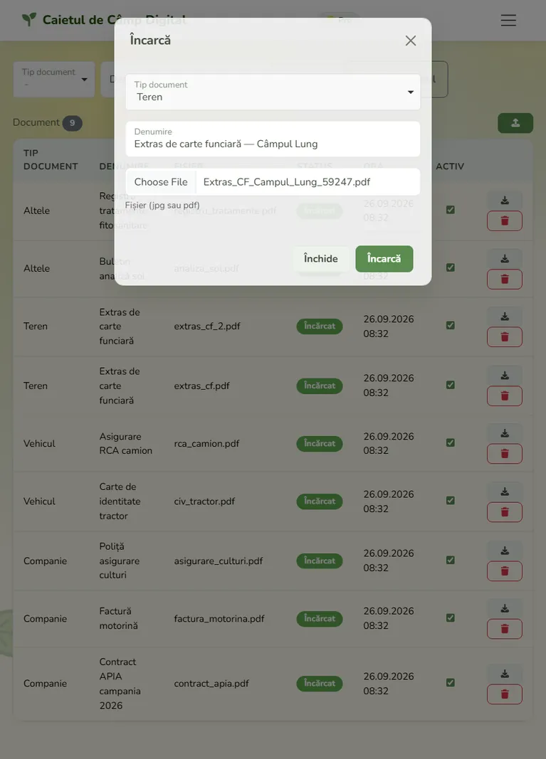 Screenshot of the document upload dialog in the Digital Field Book web app, with a land registry extract chosen for upload to the platform
