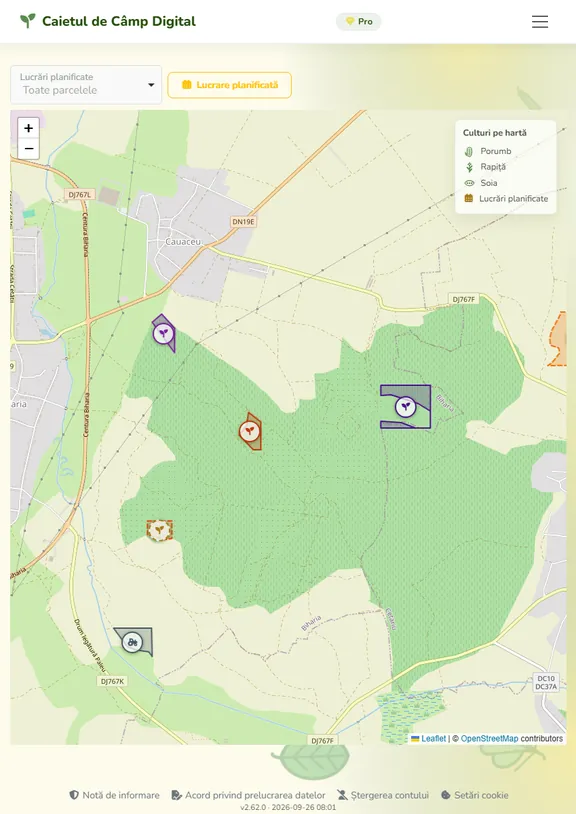 Screenshot of the Digital Field Book web app showing an interactive farm land map with parcel outlines and crop pins