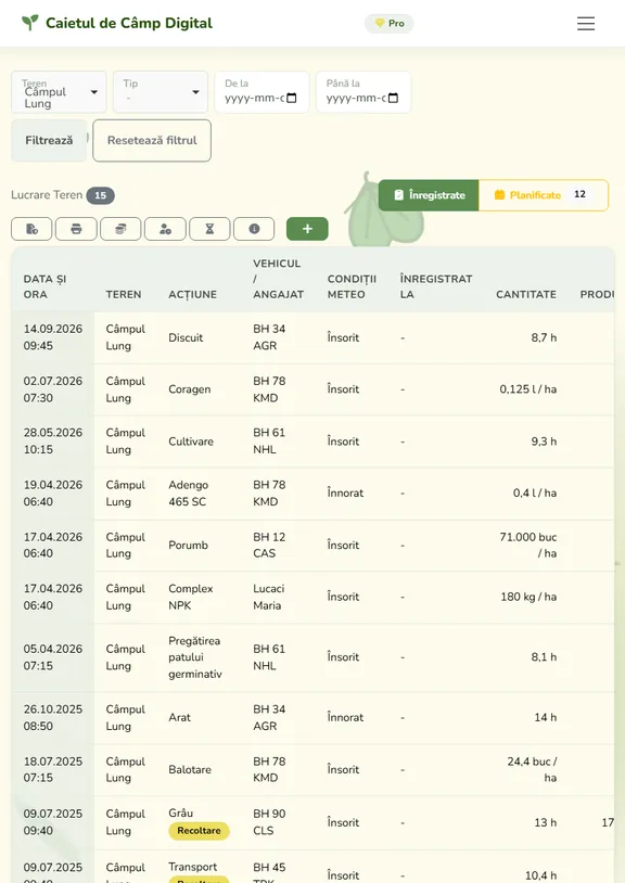 Screenshot of a web app treatment log showing pesticide, fertilizer and crop records per land parcel