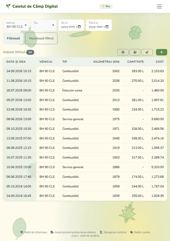 Screenshot of the Digital Field Book web app vehicle log showing fuel, repair and service records for a combine harvester